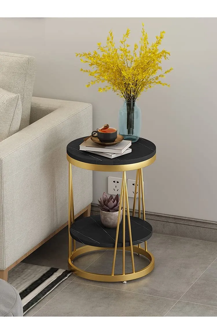 Weston Crafts Side Table Living Room Round Telephone Table Coffee Table Corner Table Bedroom Bedside Table, MDF Table Top and Gold Metal Frame，15"x23.6" (Color : Black)