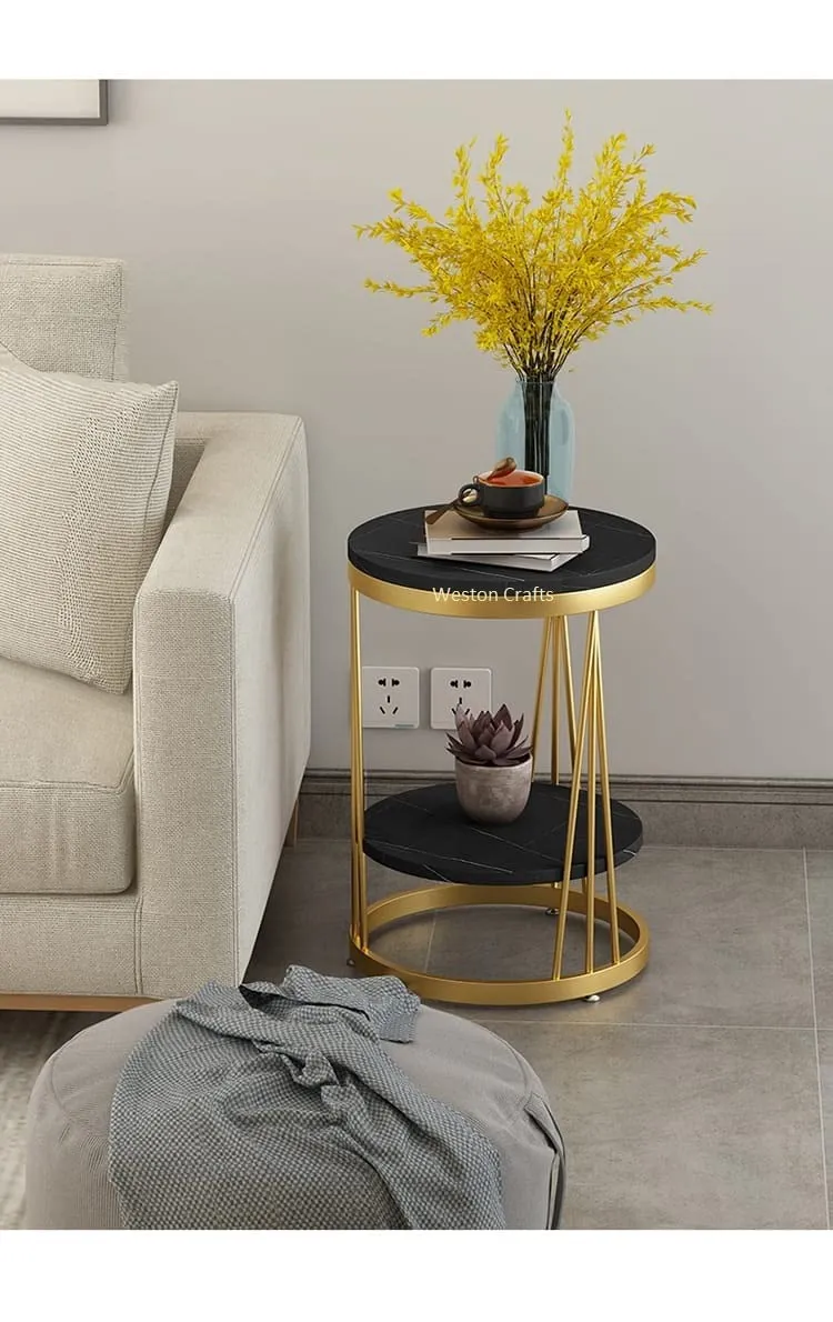 Weston Crafts Side Table Living Room Round Telephone Table Coffee Table Corner Table Bedroom Bedside Table, MDF Table Top and Gold Metal Frame，15"x23.6" (Color : Black)