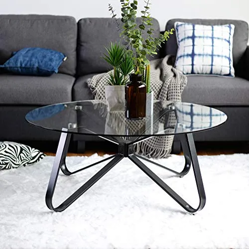 wOod-it Round Coffee 31.5" Tempered Glass Top Black Metal Center Tables Small Circle Modern for Living Room