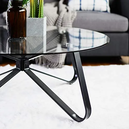 wOod-it Round Coffee 31.5" Tempered Glass Top Black Metal Center Tables Small Circle Modern for Living Room