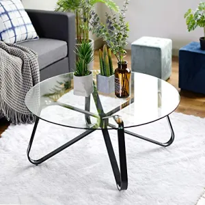 wOod-it Round Coffee 31.5" Tempered Glass Top Black Metal Center Tables Small Circle Modern for Living Room