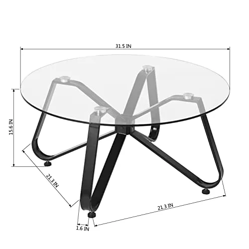 wOod-it Round Coffee 31.5" Tempered Glass Top Black Metal Center Tables Small Circle Modern for Living Room