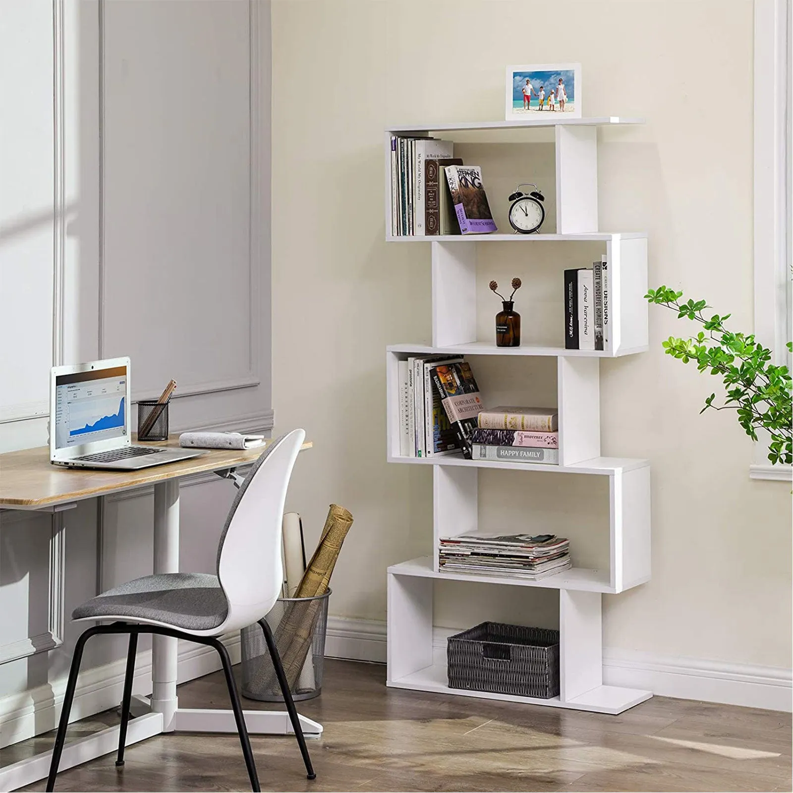 Wooden 5-Tier White Bookcase